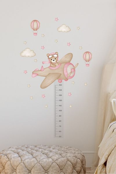 Sim Tasarım Height Gauge Pink Pilot Teddy Bear Air Balloons Kids Room Wall Sticker