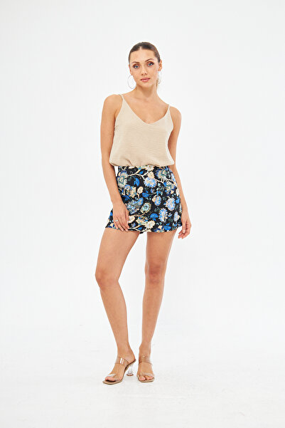 Si&Su Kadın Kruvaze Model Kapaklı Bermuda Desenli Mini Şort Etek