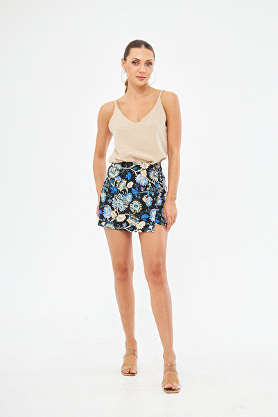Si&Su Kadın Kruvaze Model Kapaklı Bermuda Desenli Mini Şort Etek