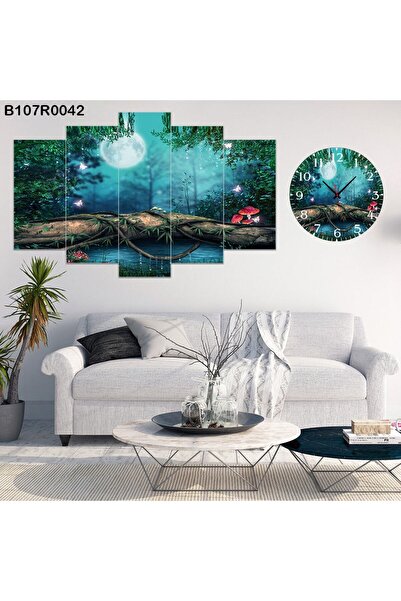A2ZTR Parçalı Ahşap Duvar Tablo 5 Parça Set Ve Saatli
