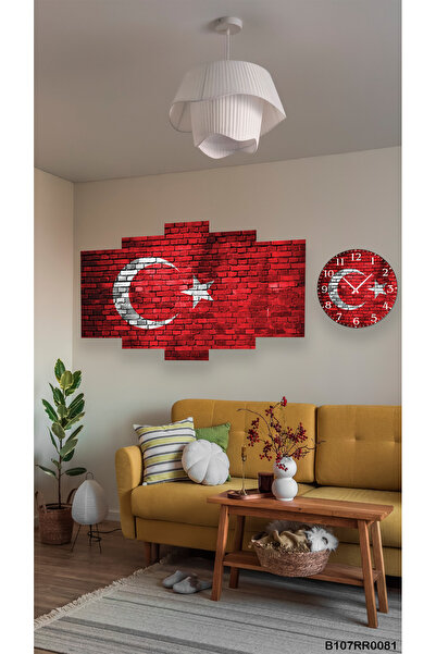 A2ZTR Bayrağı Tablo Duvar Mdf Tablo 5 Parça Set Ve Saatli