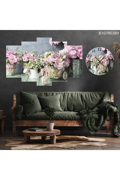 A2ZTR Parçalı Ahşap Duvar Tablo 5 Parça Set Ve saatli