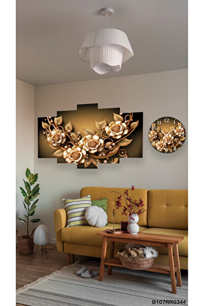 A2ZTR Duvar Mdf Tablo 5 Parça Set Ve saatli