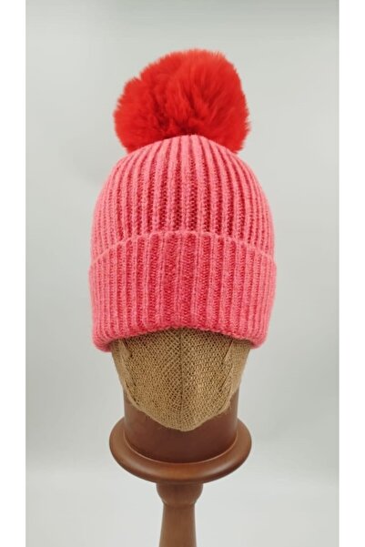 OnMyHead Coral Color Braided Folded Pompom Beanie