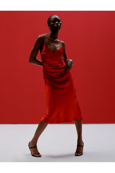 Koton Satin V-Neck Cross Stone Detailed Long Evening Dress