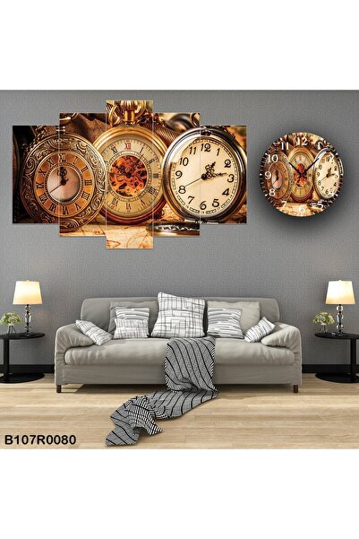 A2ZTR Parçalı Ahşap Duvar Tablo 5 Parça Set Ve Saatli