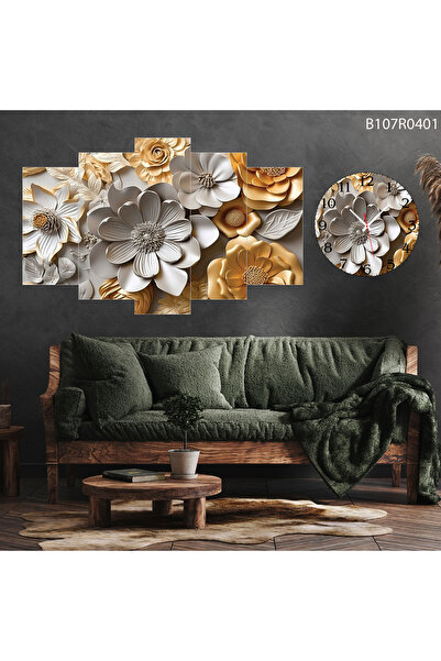 A2ZTR Parçalı Ahşap Duvar Tablo 5 Parça Set Ve saatli