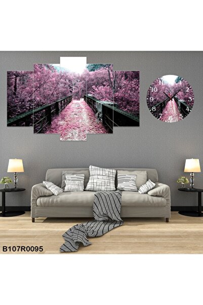 A2ZTR Parçalı Ahşap Duvar Tablo 5 Parça Set Ve Saatli