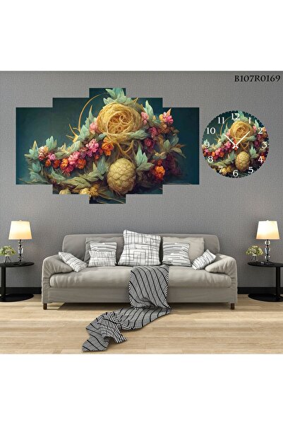 Değerli Parçalı Ahşap Duvar Tablo 5 Parça Set Ve Saatli