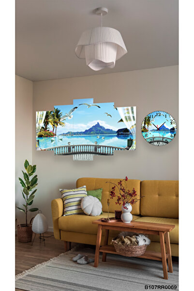 A2ZTR Duvar Mdf Tablo 5 Parça Set Ve saatli