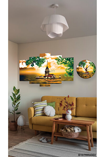 A2ZTR Kız Kulesi Duvar Mdf Tablo 5 Parça Set Ve Saatli