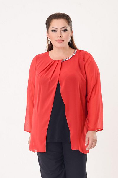 LİLAS XXL Plus Size Red Colored Chiffon Blouse