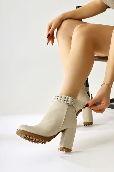Limoya Jonny Beige Belt Λεπτομερείς οβάλ γυναικείες μπότες με φερμουάρ, γυναικείο μποτάκι