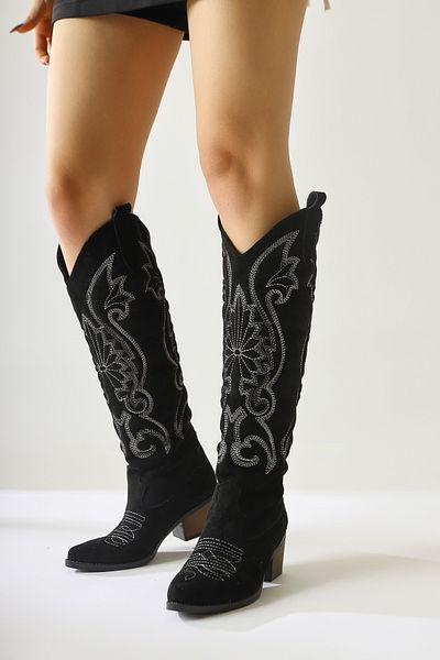 Limoya Dani Black Suede Κέντημα Λεπτομερείς μυτερές γυναικείες μπότες Western, Cowboy