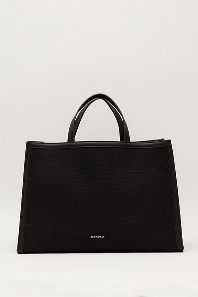 Manuka Schwarze Canvas-Shopper-Tasche – Leder-Detail