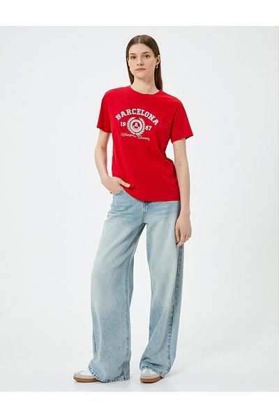 Koton Crew Neck Printed Cotton T-Shirt - Short Sleeve, Standard Fit