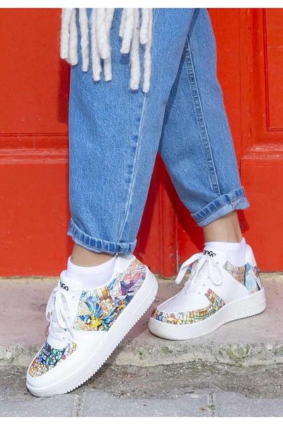 Dogo Pantofi albi din piele vegană de damă - design mozaic