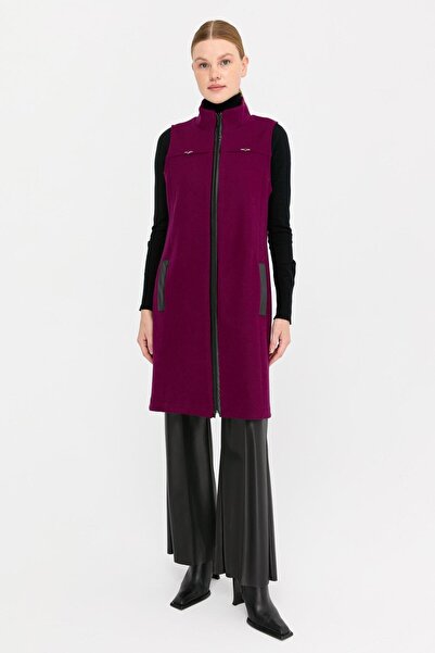 Esswaap Deri Cep Detaylı Keçe Yelek  Mor