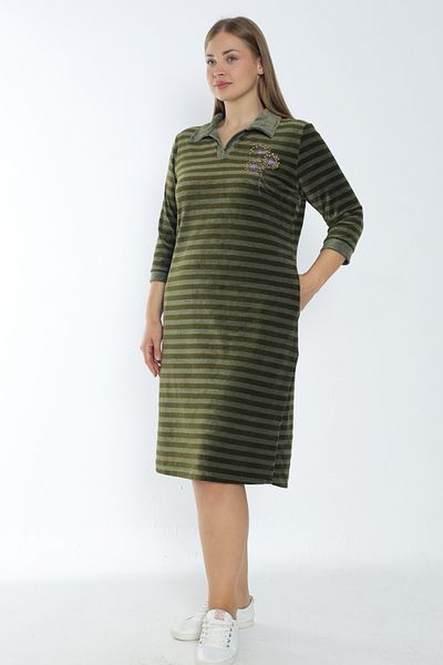 İntensive Green Three Quarter Sleeve Pocket Embroidery Women's Plus Size Cotton Velvet Dress