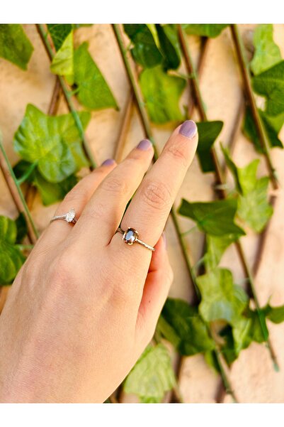 Luna Mor Labradorit Doğal Taşlı Gümüş Minimal Yüzük