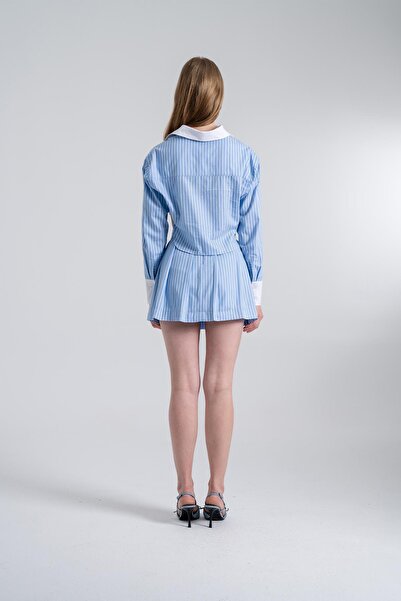 HOLLY LOLLY Çizgili Pilili Mini Harmony Poplin Etek Mavi