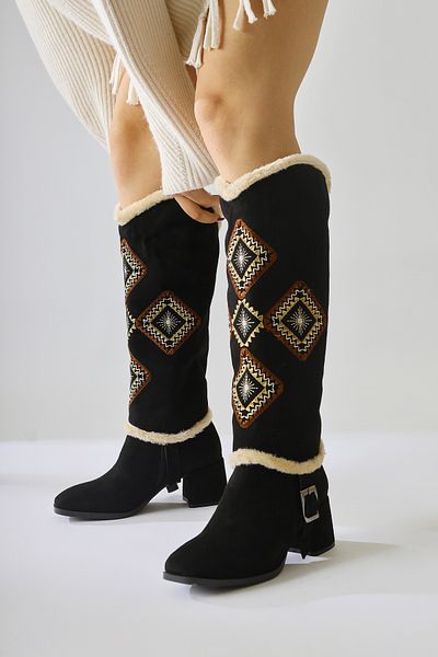 Limoya Hilka Black Suede Ethnic Pattern Αφαιρούμενες Γυναικείες Μπότες - Μποτάκια