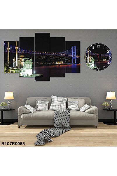 A2ZTR Parçalı Ahşap Duvar Tablo 5 Parça Set Ve Saatli