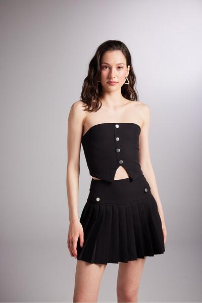 HOLLY LOLLY Pilili Mini Devon Şort Etek Siyah