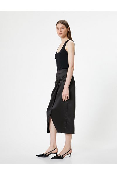 Koton Fustă midi dublu din satin - cu crapatura in fata, slim fit, cu fermoar