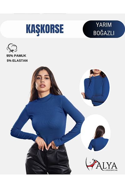 ALYA UNDERWEAR Hanorac cu jumătate de gât cu țesătură cu nervuri și lycra albastru - REDUCERE