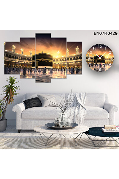 A2ZTR Parçalı Ahşap Duvar Tablo 5 Parça Set Ve saatli