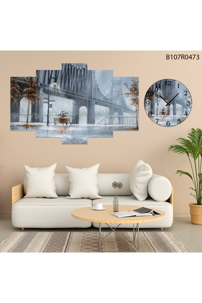A2ZTR Parçalı Ahşap Duvar Tablo 5 Parça Set Ve saatli