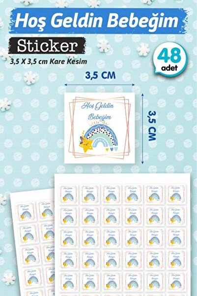 t tuğset etiket Hoş geldin Bebeğim Etiket Kare 3,5cm (erkek) 48 Adet Bebek- Y...