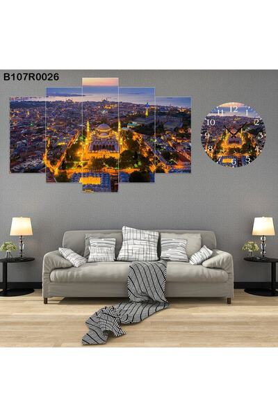 A2ZTR Istanbul Ve Cami Manzaralı 6 Parçalı Dekoratif Duvar Tablo+saat Set