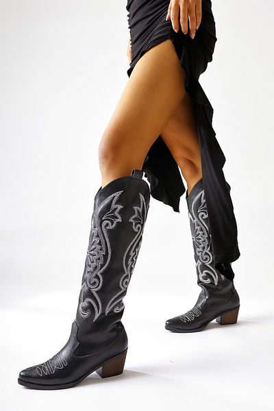 Limoya Dani Black Broderie Detaliată Varf Ascuțit Western, Cizme Cowboy Damă