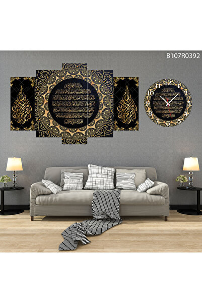 A2ZTR Parçalı Ahşap Duvar Tablo 5 Parça Set Ve saatli
