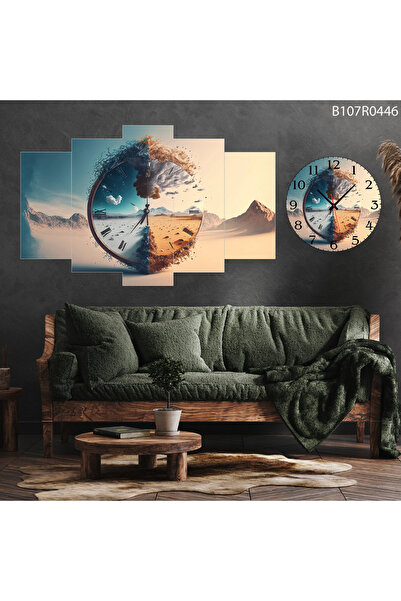 A2ZTR Parçalı Ahşap Duvar Tablo 5 Parça Set Ve saatli