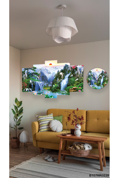 A2ZTR Şelale Tablo Resim Duvar Mdf Tablo 5 Parça Set Ve Saatli