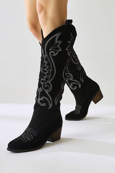 Limoya Dani Black Suede Κέντημα Λεπτομερείς μυτερές γυναικείες μπότες Western, Cowboy