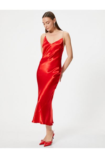 Koton Satin V-Neck Cross Stone Detailed Long Evening Dress