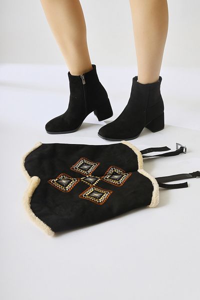 Limoya Hilka Black Suede Ethnic Pattern Αφαιρούμενες Γυναικείες Μπότες - Μποτάκια
