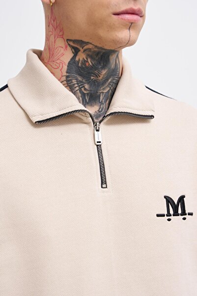 Machinist Soft Beige Men's Stripe Sweatshirt - High Neck