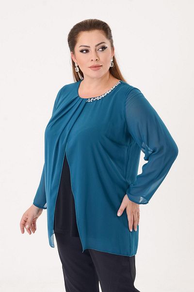 LİLAS XXL Plus Size Green Color Chiffon Blouse