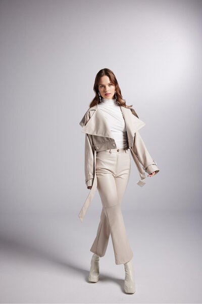 HOLLY LOLLY High Waist Straight Cut Ankle Length Faux Leather Lucy Trousers Beige