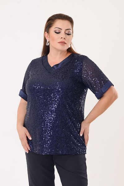 LİLAS XXL Bluză cu paiete cu paiete de culoare bleumarin de mărime mare
