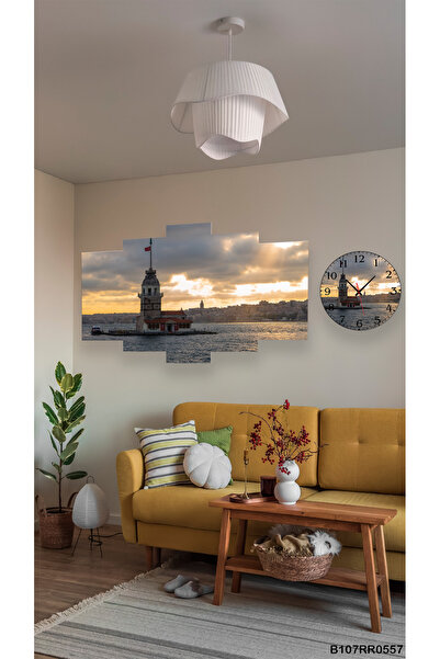 A2ZTR Kız Kulesi Duvar Mdf Tablo 5 Parça Set Ve Saatli