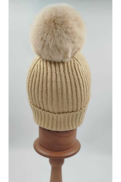 OnMyHead Light Beige Knitted Folded Pompom Beanie