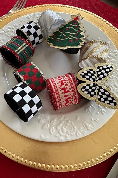 FANTASTIC 6 Pcs Red Glitter Checkers - Handmade Woven Napkin Ring & Napkin Ring