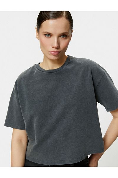 Koton Crop Tričko s krátkým rukávem Crew Neck Bled Effect Cotton