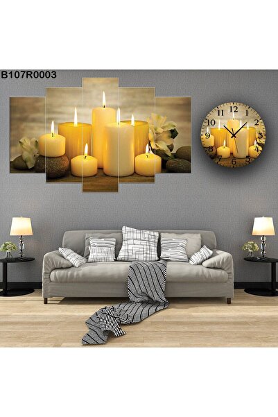 A2ZTR Parçalı Ahşap Duvar Tablo 5 Parça Set Ve Saatli